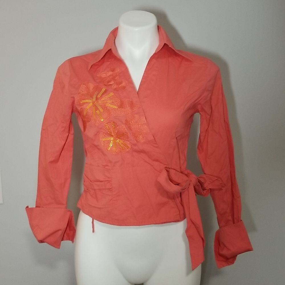 MEES European Brand Coral Floral Embroidered Wrap Top Shirt Small EU 42